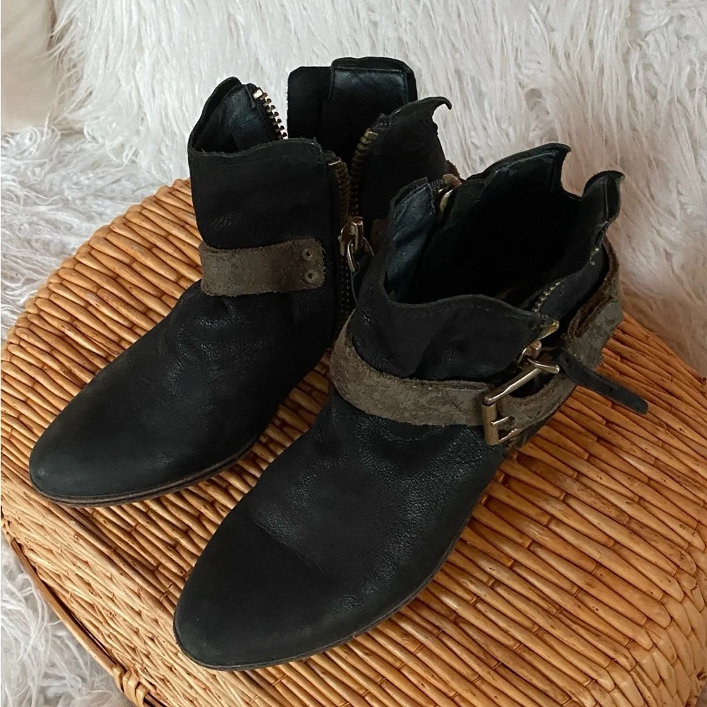 Black Distressed Leather Ankle Booties with Buckle Detail